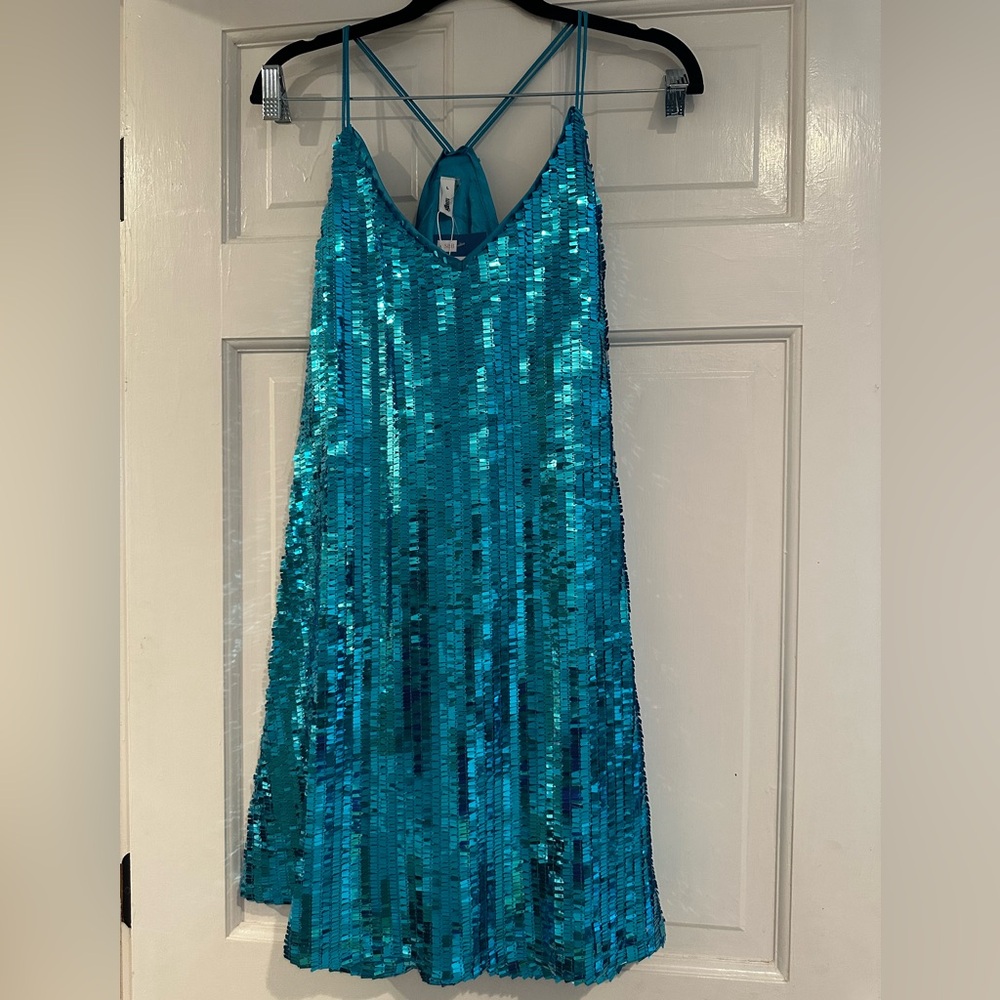 Glam Turquoise Sequin Backless Dress